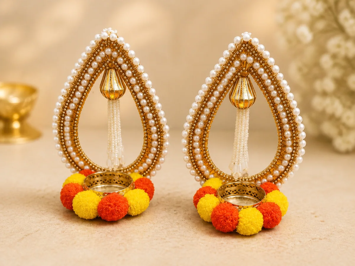 Pearl Beaded Teardrop Diya Holder by Sunita Handcrafts