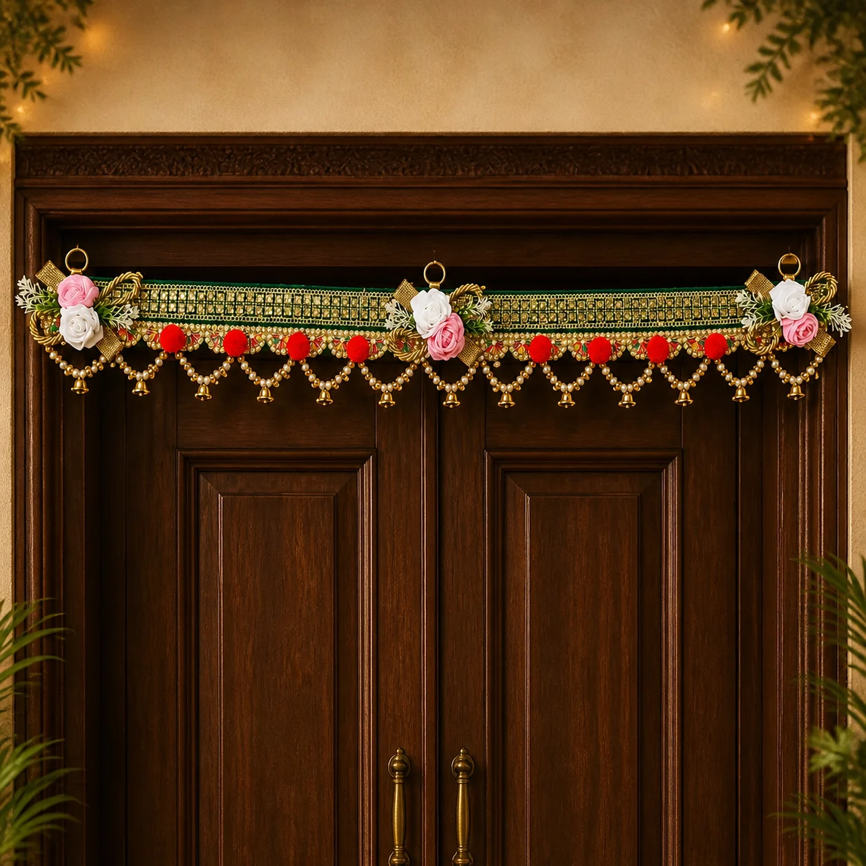 Green Floral Pom-Pom Door Toran by Sunita Handcrafts