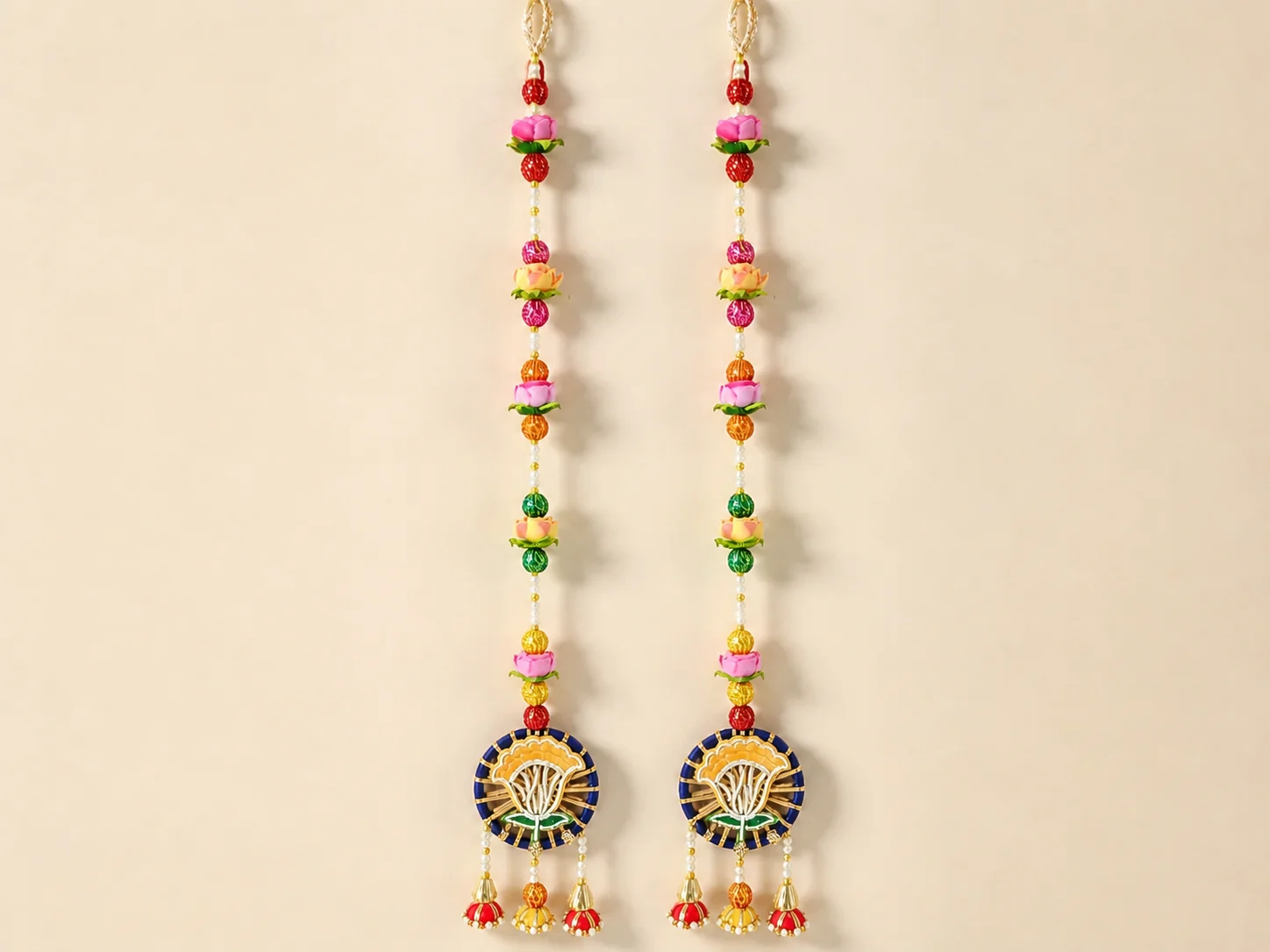 Multicolor Lotus & Fan Motif Latkan Pair by Sunita Handcrafts