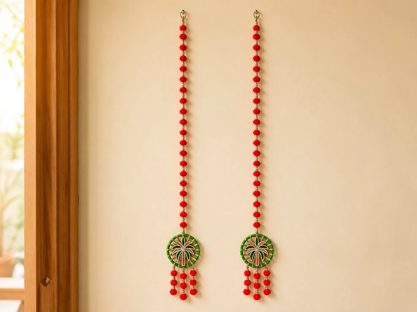Red Pom-Pom Floral Medallion Latkan Pair by Sunita Handcrafts