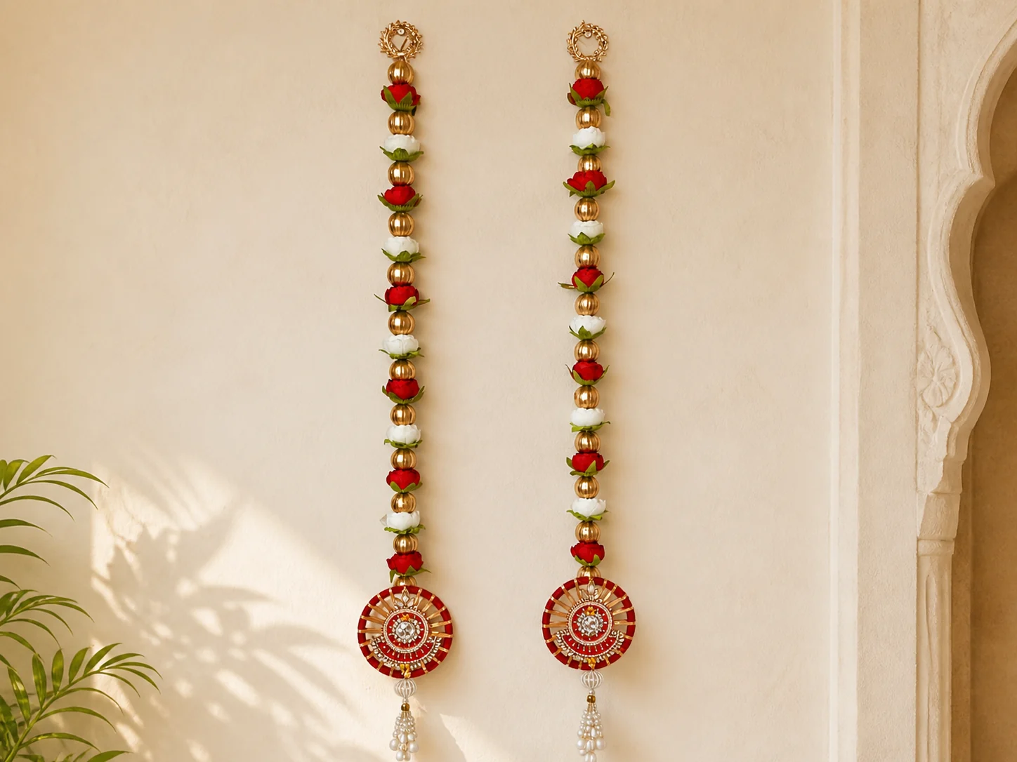 Red & White Lotus Medallion Latkan Pair by Sunita Handcrafts