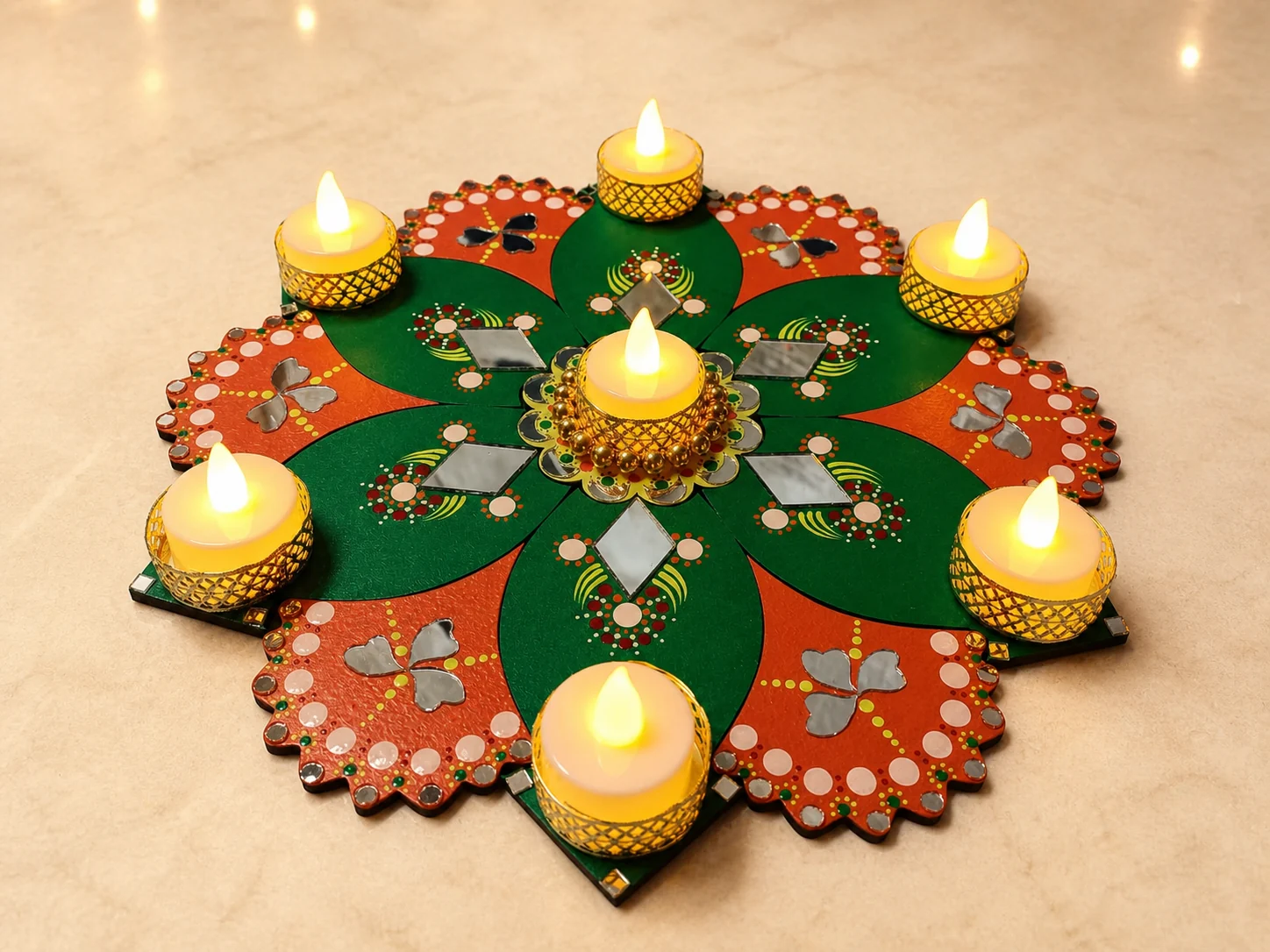 Green & Terracotta Seven-Diya MDF Rangoli by Sunita Handcrafts