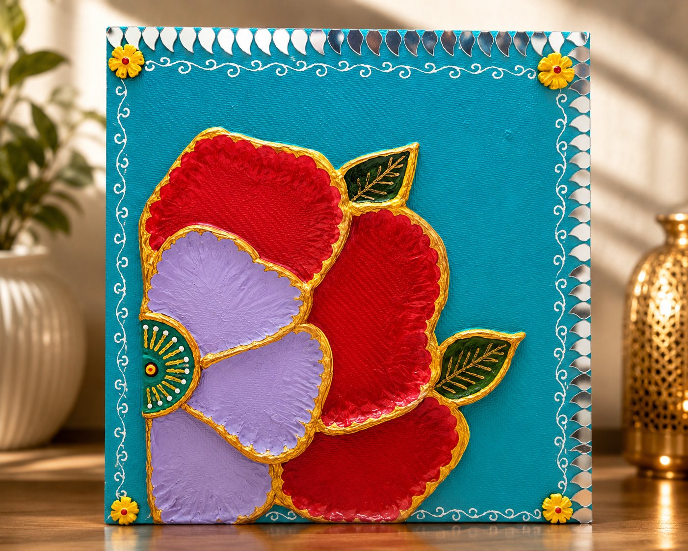 Close detail of handmade floral Lippan texture and mirror work