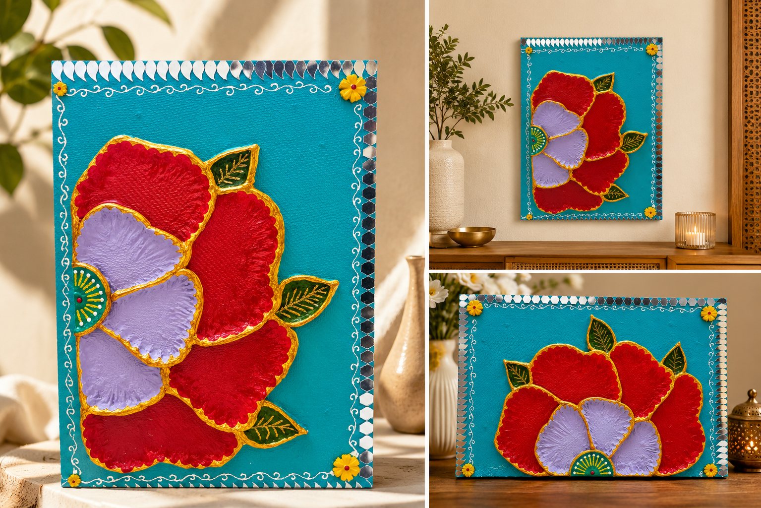 Handmade Crimson Bloom Textured Floral Wall Art handmade mirror Lippan Art gallery image