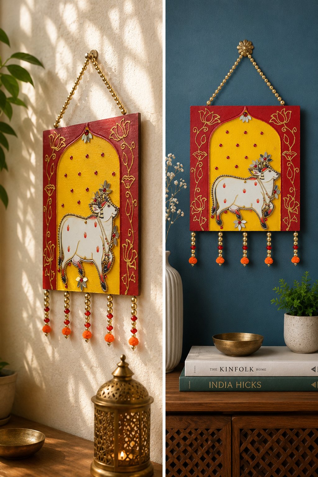Sacred Kamdhenu Wall Hanging handmade mirror Lippan Art gallery image