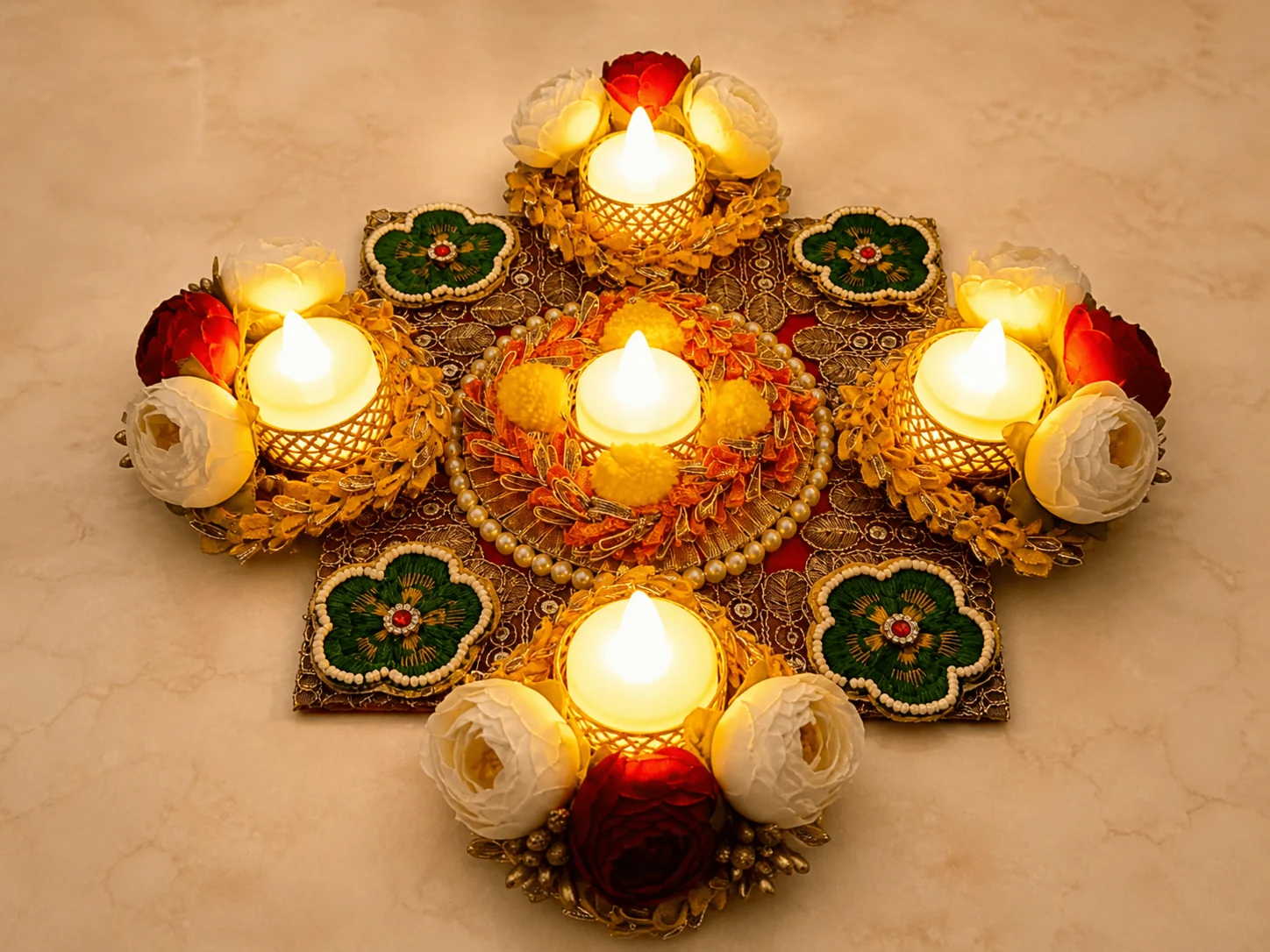 Floral Brocade Five-Diya Ready-made Rangoli by Sunita Handcrafts