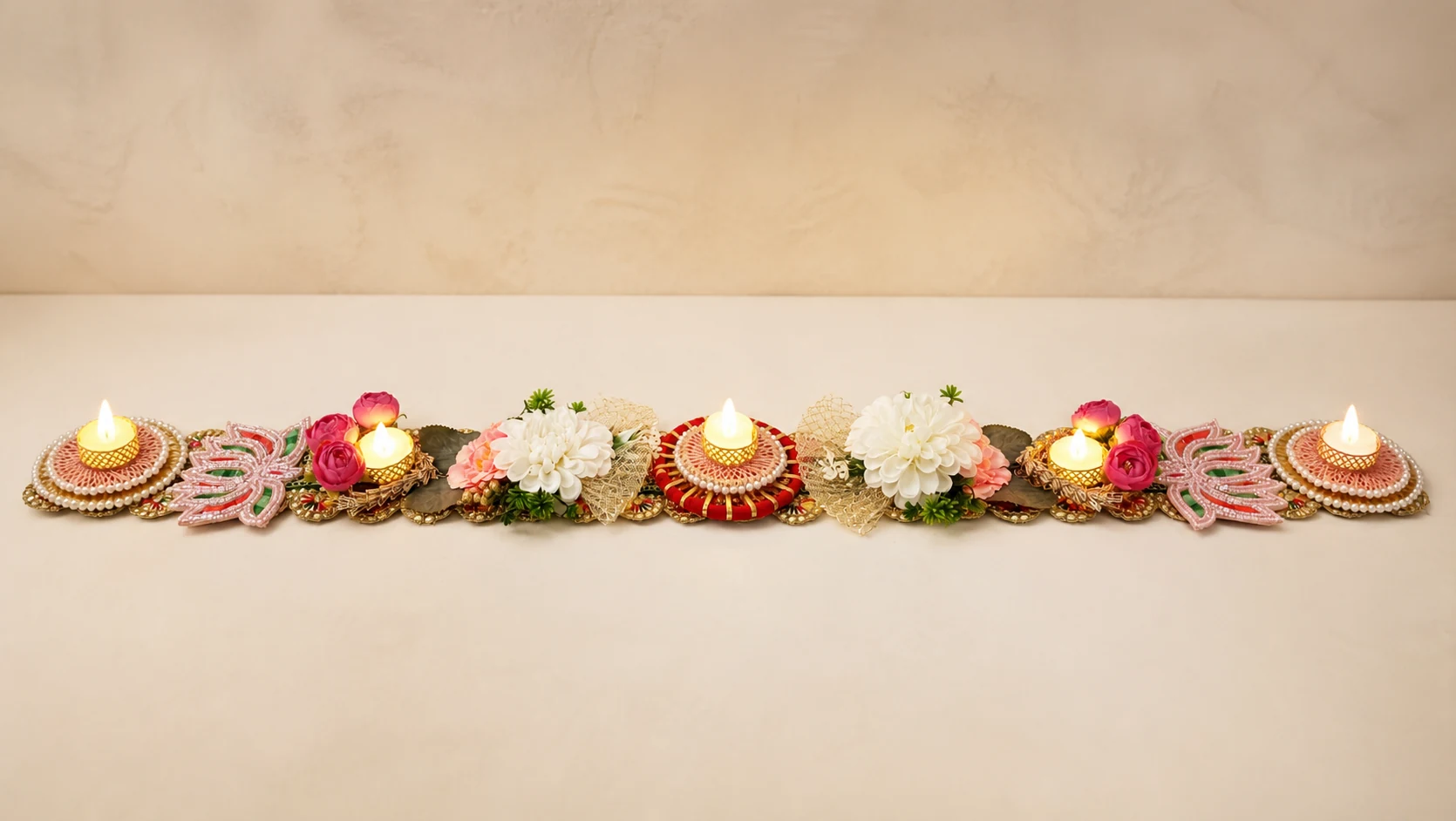 Five-Diya Floral Lotus Table Runner by Sunita Handcrafts