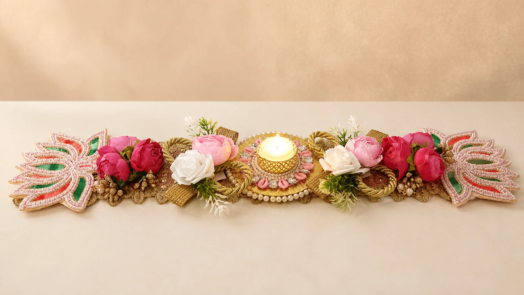 Floral Table Runner with integrated Diya Holder